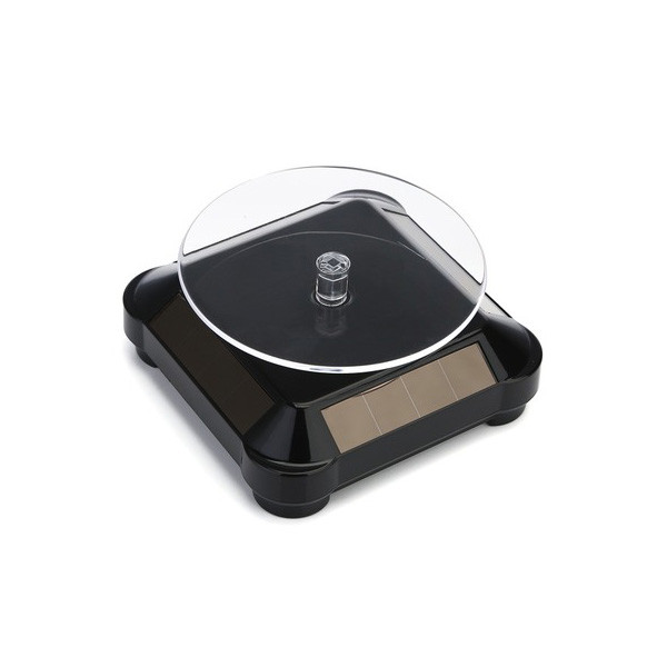 استند گردان ویترینی 360 درجه، سفید، با پنل خورشیدی و باتری، مناسب برای نمایش جواهرات، ساعت و محصولات کوچک در ویترین.