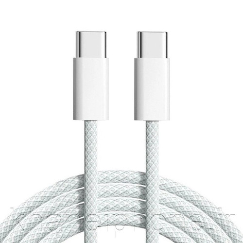 کابل شارژر اصلی اپل USB-C به USB-C با طول 1 متر، مناسب برای آیفون 16، با روکش کنفی سفید و سوکتهای فلزی براق، روی پسزمینه سفید.