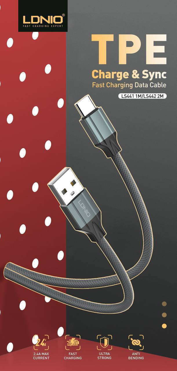 کابل شارژ LDNIO LS441 با طول 1 متر، روکش TPE مقاوم، مناسب شارژ سریع و انتقال داده.