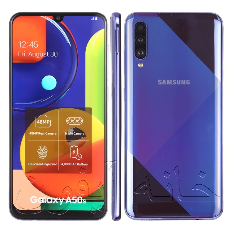 ماکت سامسونگ گلکسی A50s رنگ آبی منشوری (Prism Crush Blue) با بدنه براق، دوربین نمایشی و طراحی Infinity-O، ایده‌آل برای کلکسیون، تولید محتوا یا بررسی لوازم جانبی.