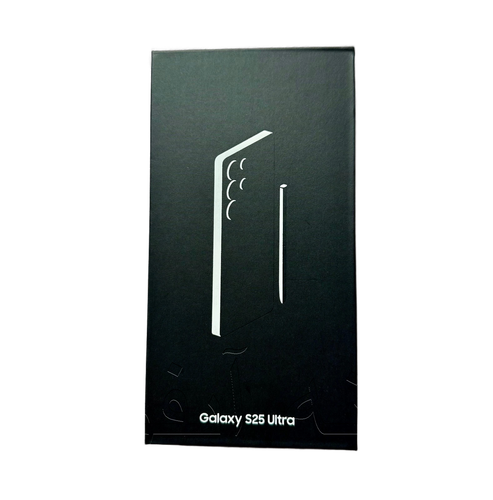 جعبه خالی سامسونگ گلکسی S25 Ultra سفید با لوگو و نوشتههای مشکی، بستهبندی اورجینال با کابل USB-C و دفترچه راهنما.