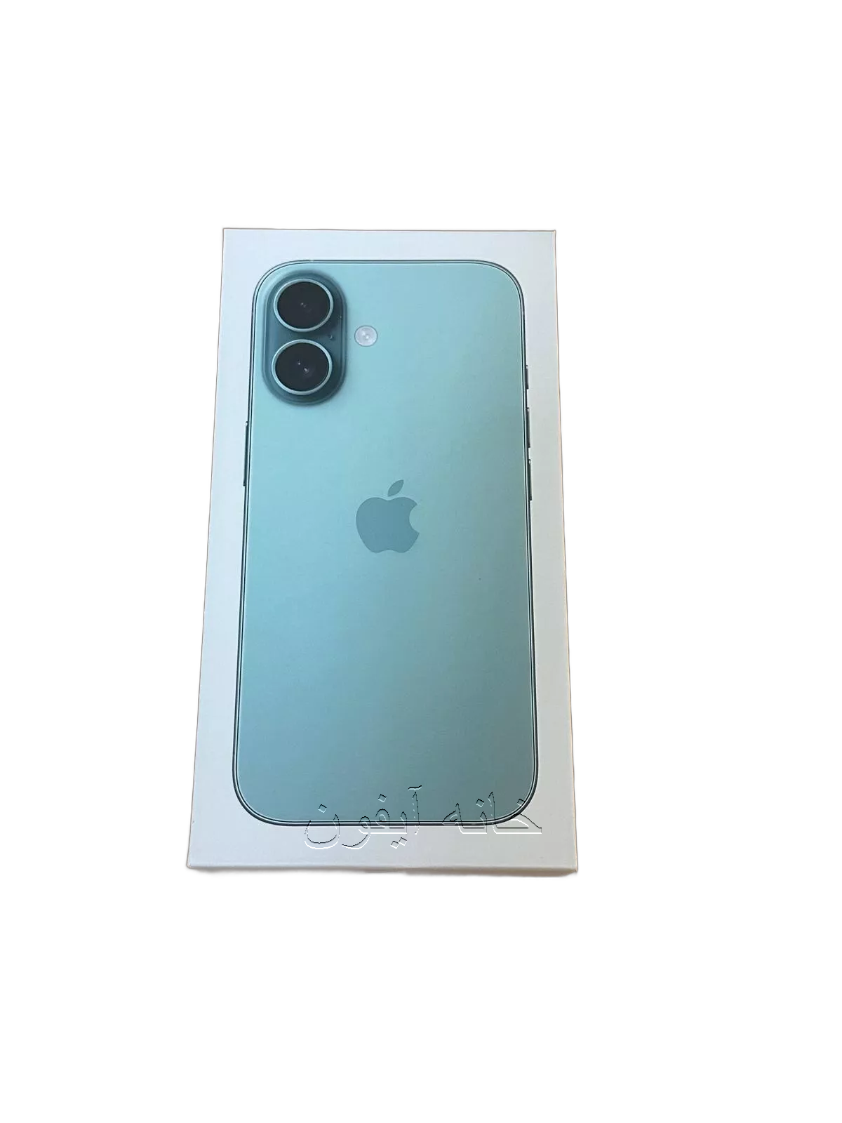 جعبه بسته‌بندی آیفون ۱۶ Teal: کارتن سفید با نام مدل iPhone 16، نوار برجسته سبزآبی Teal، نمای نزدیک از لبه‌های گرد و دوربین عمودی
