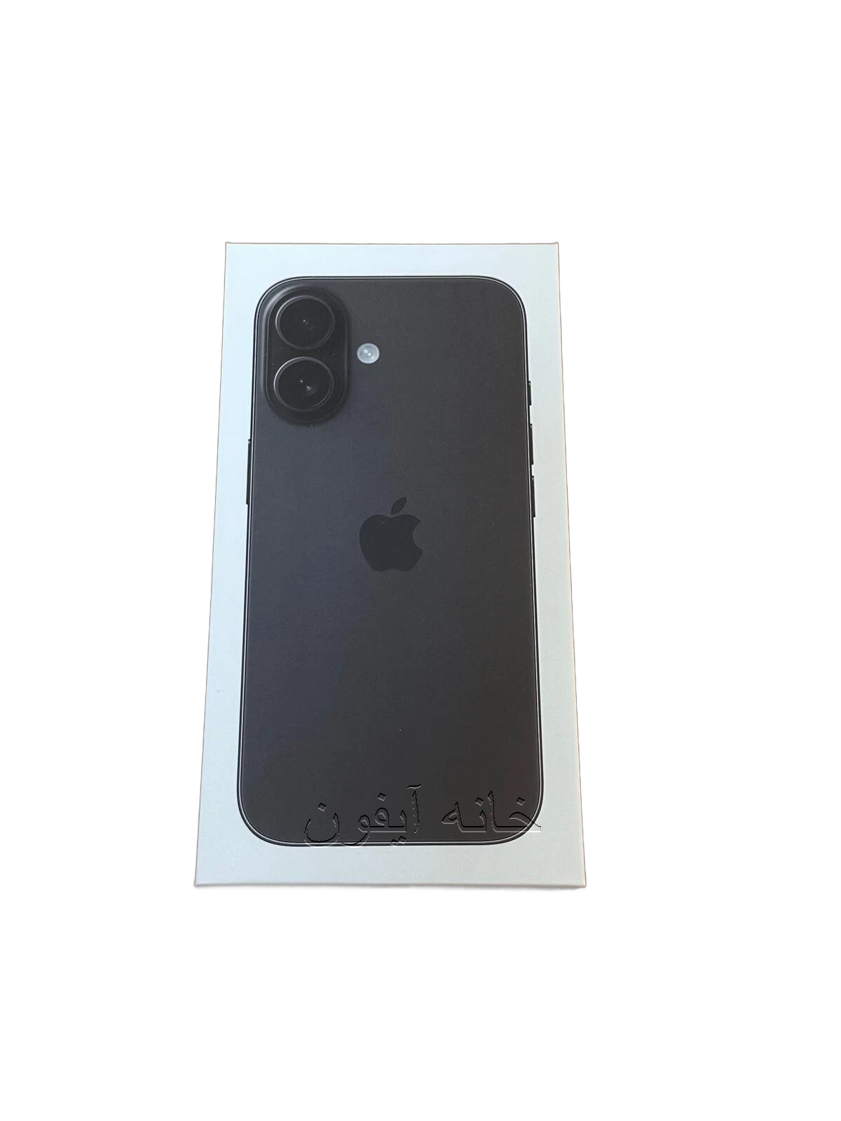 جعبه آیفون ۱۶ مشکی Black: جعبه سفید اپل با برچسب مشکی کلاسیک، زاویه سه‌بعدی بسته‌بندی