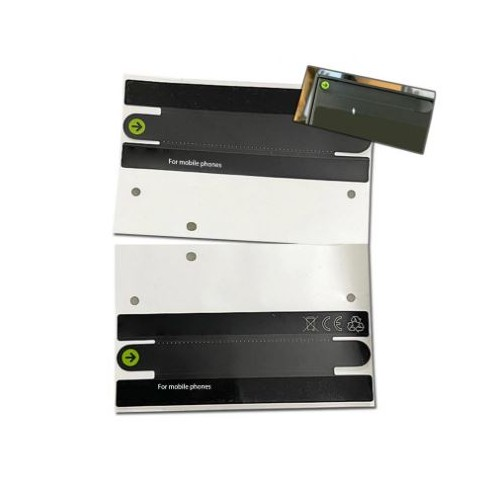 دو برچسب پلمب امنیتی برای گوشی‌های موبایل، با نوار مشکی و سفید، دارای نشانگر سبز جهت باز کردن و علائم استاندارد