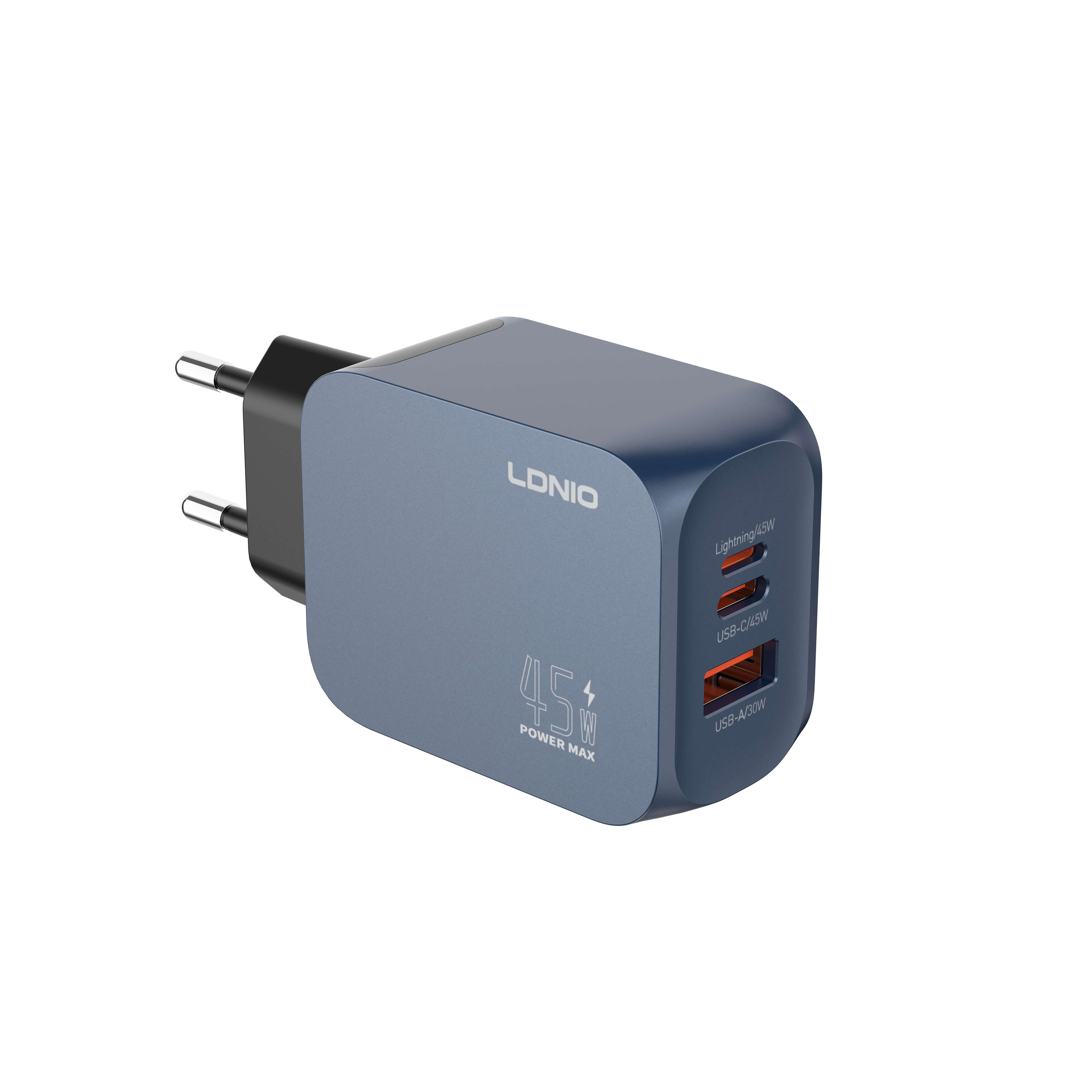 نمای پشت شارژر دیواری LDNIO Q6 45W GaN با دوشاخه EU و سه پورت USB-C، Lightning و USB-A