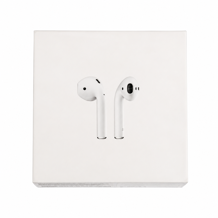جعبه اصلی ایرپاد ۲ اپل (AirPods 2) با تصویر ایربادهای بیسیم روی بستهبندی سفید