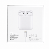 پشت جعبه اصلی AirPods 2 اپل همراه با تصویر کیس شارژ، کابل لایتنینگ و اطلاعات محصول