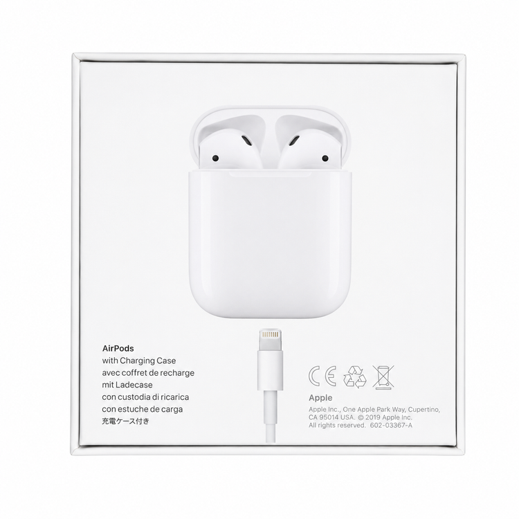 پشت جعبه اصلی AirPods 2 اپل همراه با تصویر کیس شارژ، کابل لایتنینگ و اطلاعات محصول